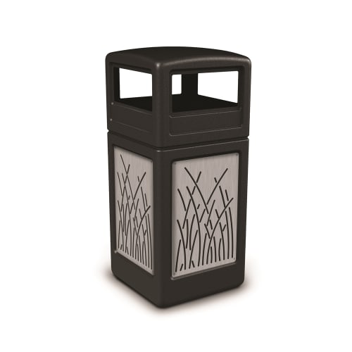 Commercial Zone PolyTec 42 Gallon Trash Container, Black with Stainless Steel Panels, Reeds